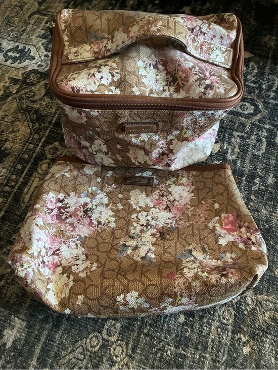 Calvin Klein Handbags - Calvin Klein Brown Floral Cosmetic Bag Duo with Pink Accents